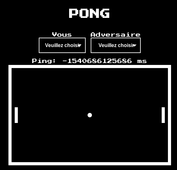 Écran du jeu de Pong : choix du joueur et de l'adversaire, terrain avec les deux raquettes et la balle