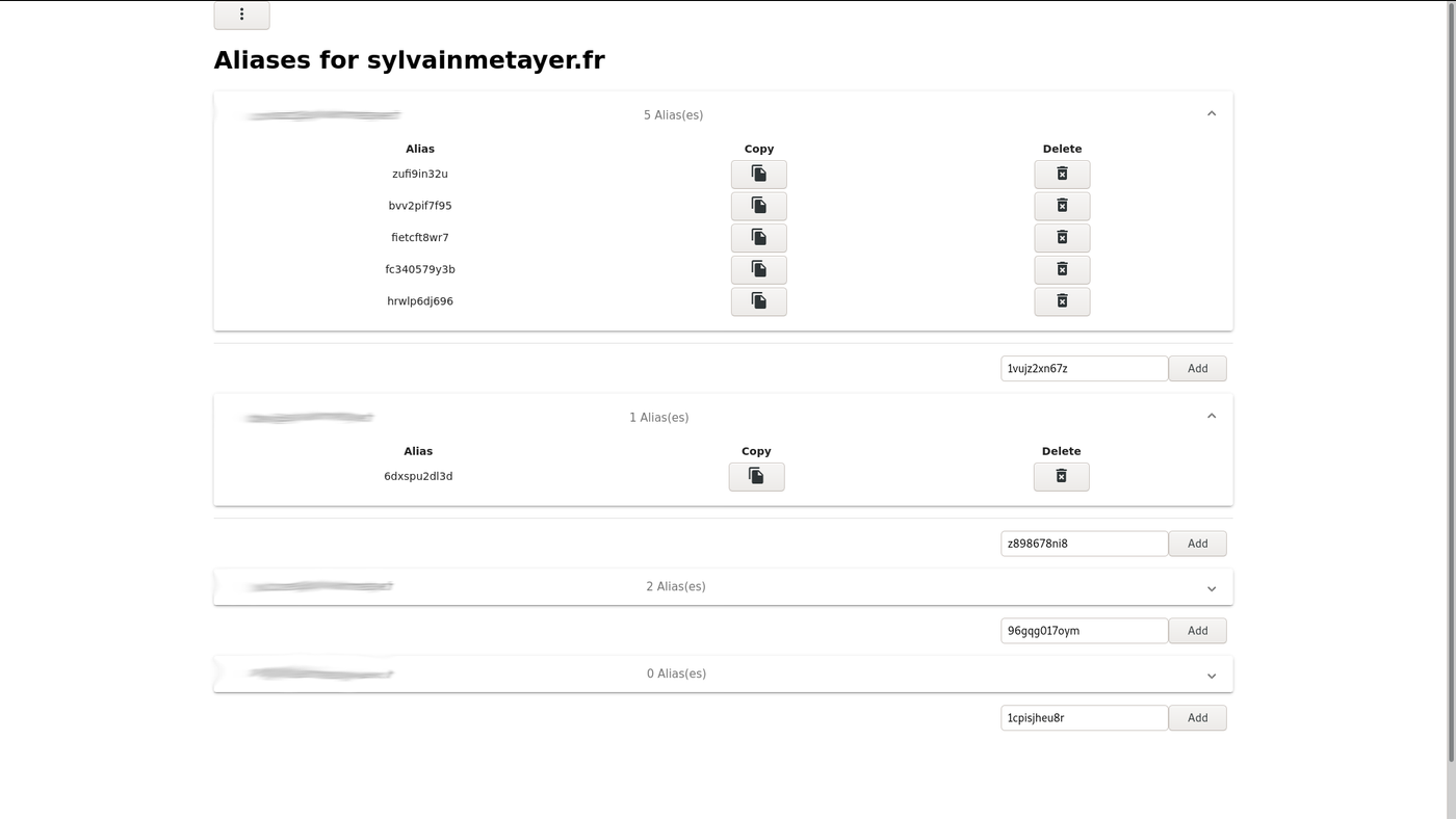 Desktop view: for each mailbox on the domain, the list of its aliases with Copy and Delete buttons, and a field to add a new one