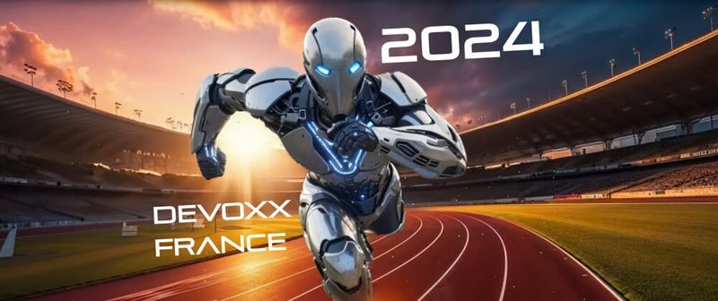 Bannière Devoxx France 2024 : un robot humanoïde sprinte sur une piste d'athlétisme